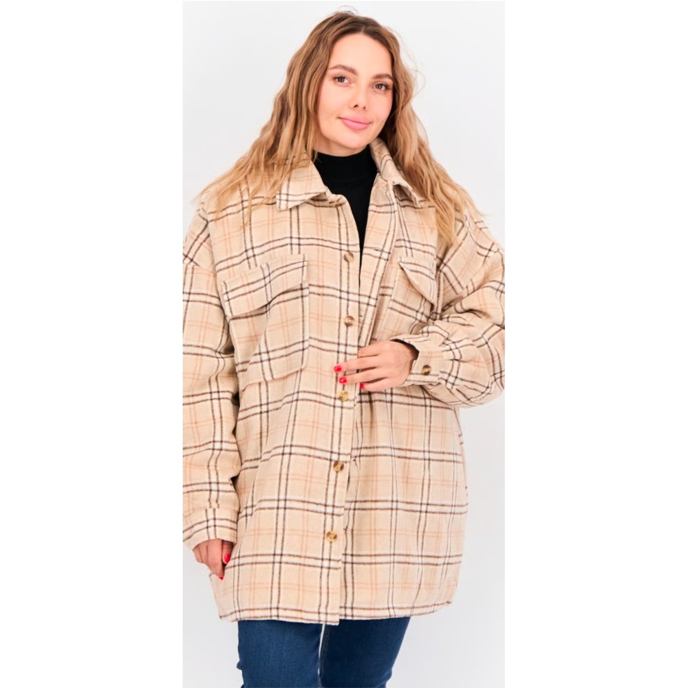 Collusion Womens Oversized Plaid Shacket Beige Tan Wool Blend Jacket Size US 6